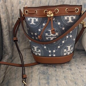 Tory Burch Blue and Brown Crossbody Bag with Gold Accents